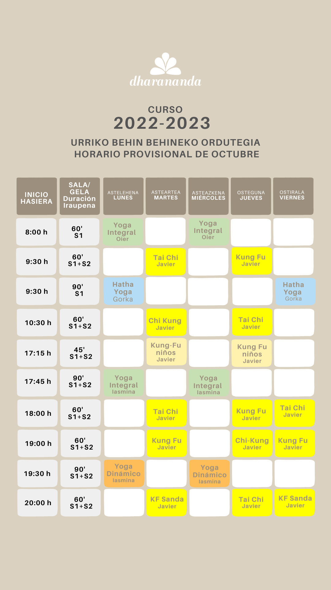 Horario Octubre Yoga Dharananda